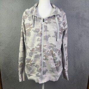 Athleta Triumph Hoodie Womens Large Gray White Camo Full Zip Jacket Active